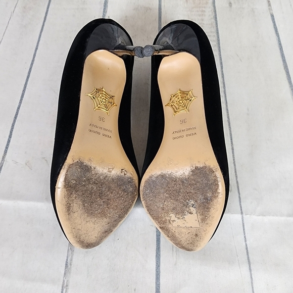 Charlotte Olympia Kitty Cat Embroidered Velvet Pump Black Gold Size 36/6 - Picture 14 of 16